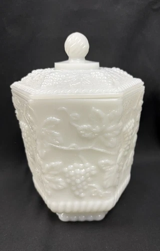 Vintage Fire King Anchor Hocking Milk Glass Canister Cookie Jar Grape Pattern