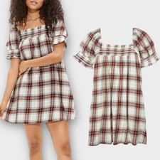 American Eagle Plaid Babydoll Smocked Puff Sleeve Mini Dress Women's Medium
