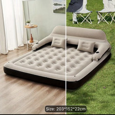 Image of Double Inflatable Air Mattress with Headboard Cup Holder Flocked 203x152x22cm