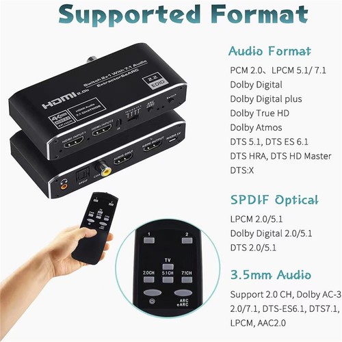 4K 60Hz 2 In 1 Out HDMI 2.0b Audio Extractor Switcher W/ Earc & Toslink For TV - Picture 4 of 12