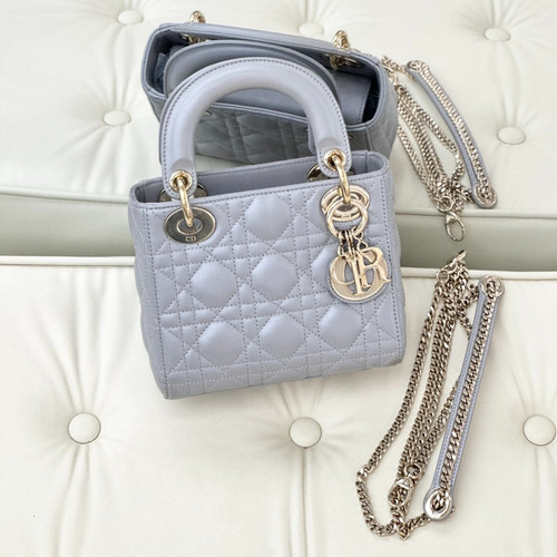 Excellent Christian Dior Lady Dior Calfskin Gray Handbag Gold Chain Crossbody S