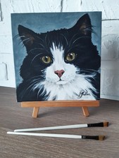 Peinture à l'huile originale chat noir et blanc moelleux 8 par 8 yeux verts c...