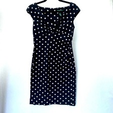 LAUREN RALPH LAUREN Black White Polka Dot Ruched Midi Wrap Stretchy Dress Sz 8P