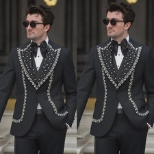 Black Men's Suits Luxury Beaded Peak Lapel Wdding Groom Tuxedo Party Prom 3pcs