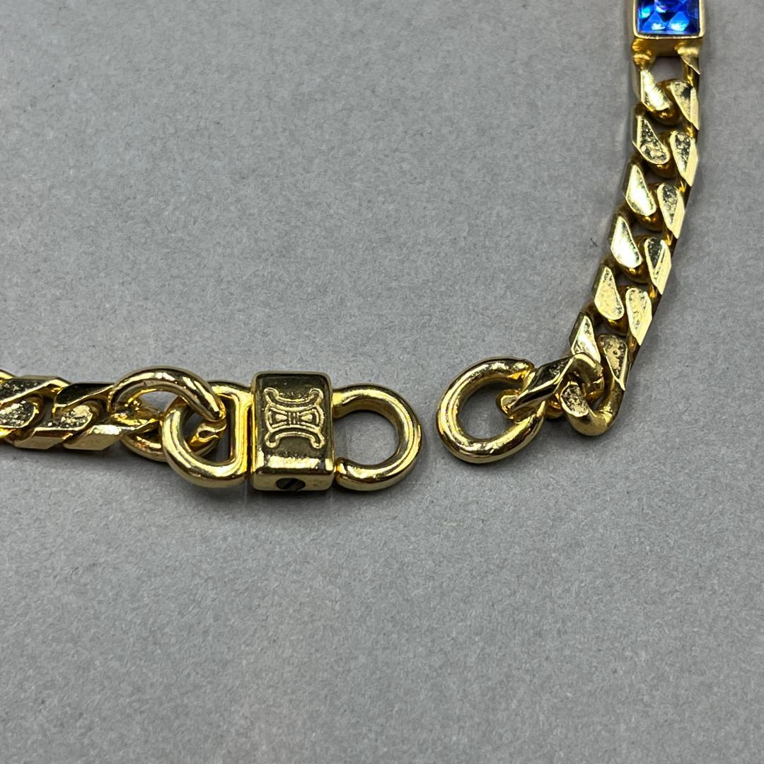 CELINE Vintage Necklace Gold Tone Rhinestone Color Stone Cuban