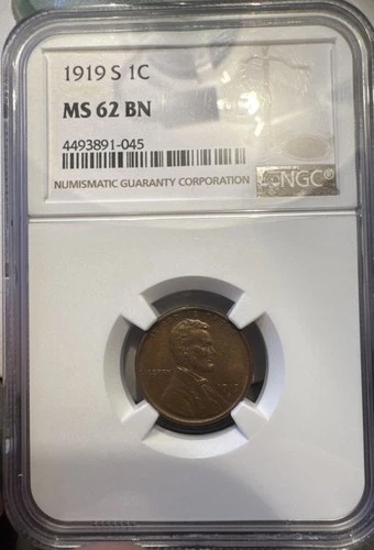 1919 S Lincoln Wheat Cent MS62 BN NGC