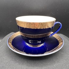 Vtg Lomonosov LFZ Russian USSR Cobalt Blue Gold Gilt Tea Cup Saucer Porcelain