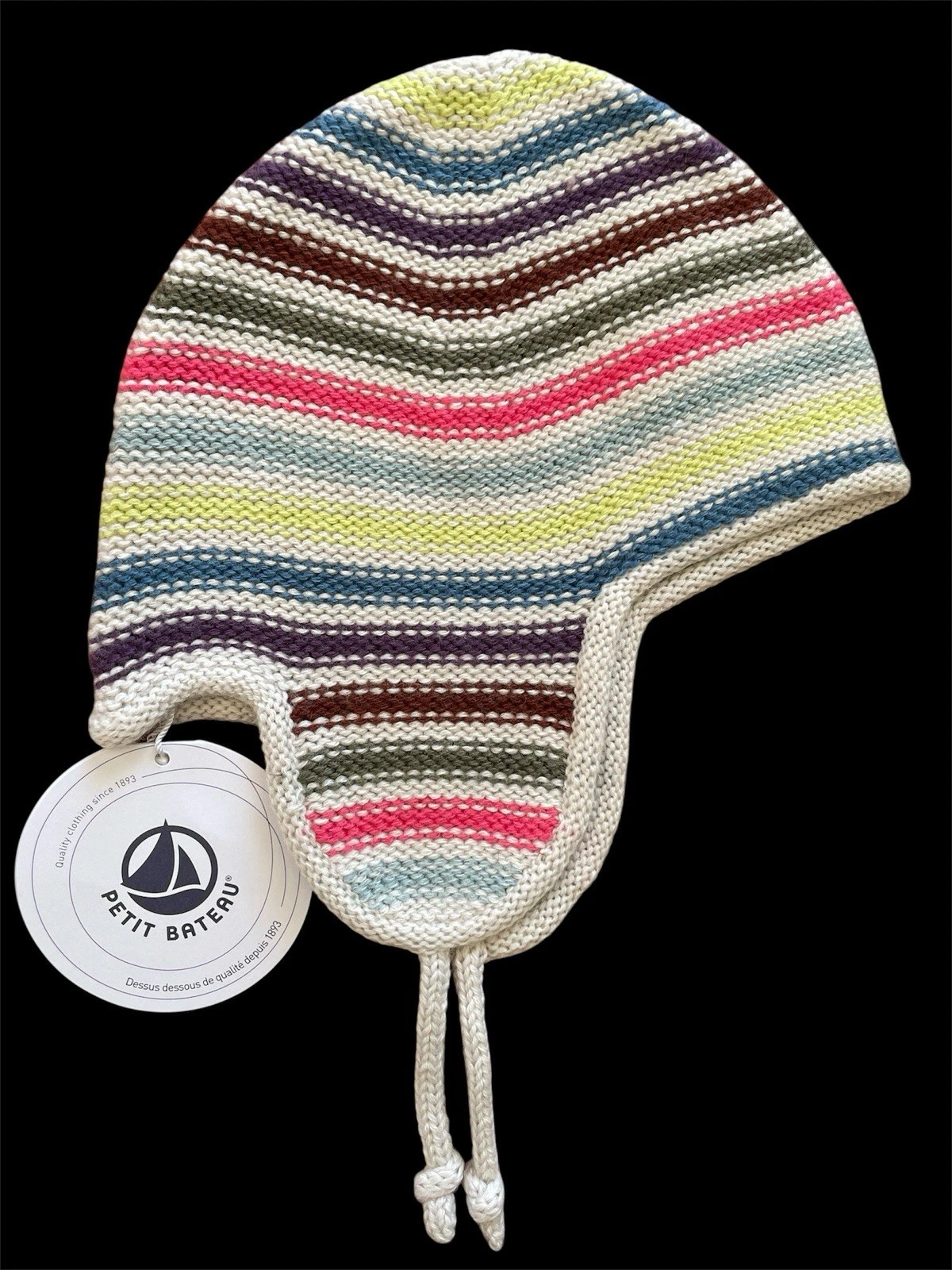 Petit Bateau NWT Multicolor Stripe Wool Blend Knit Earflap Hat-12-24Mos