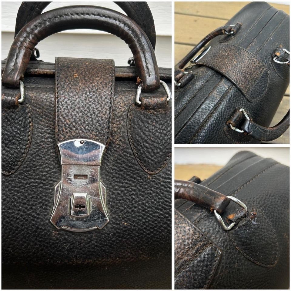 Vintage Antique Black Leather Kruse Doctor Bag 100 Grain Cow Hide w/ Silver