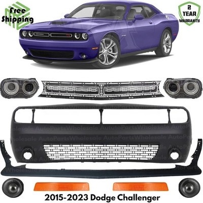 Front Bumper Cover Primed Plastic & Headlight Kit For 2015-2023 Dodge Challenger
