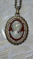 Gold Tone Red Cameo Pendant Necklace Oval Portrait Woman Curb Chain