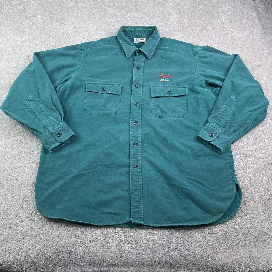 Vintage LL Bean Shirt Mens XL Blue Teal Chamois Heavy Flannel Canoe Embroidery - Image 2 of 4