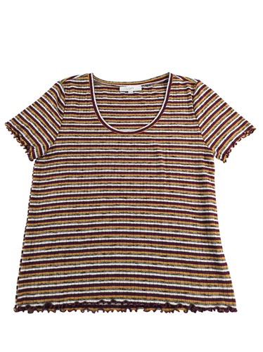 LOFT Top Shirt Womens XL Burgundy Mustard Striped Ribbed Lettuce Hem Crewneck