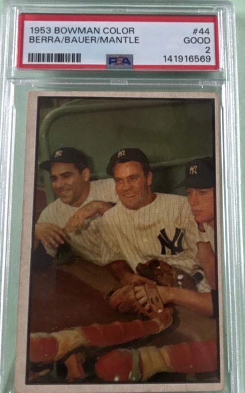 1953 Bowman Color Yogi Berra Hank Bauer Mickey Mantle #44 PSA 2