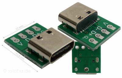 USB-C Buchse, Löt-Buchse, Löt-Kontakte, USB Buchse zum Löten, PCB #Cb2