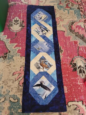 48x14'' winter wildlife Eagle Polar Bears deer blue quilted table runner winter