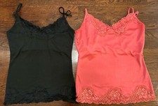 Women s Black Pink Satin Cami Lace Trim Small Medium Adjustable Straps