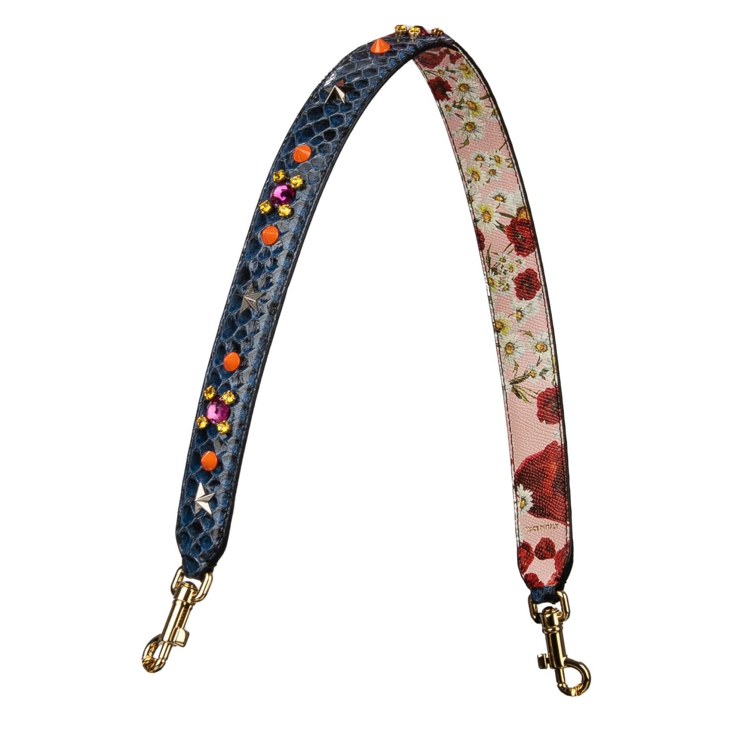 DOLCE & GABBANA Crystal Flower Snake Leather Bag Strap Handle Blue Pink