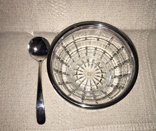 VINTAGE Silver Plated Serving Spoon & Crystal Bowl Dish SAUCE SET Italy Rogers - Picture 2 of 9