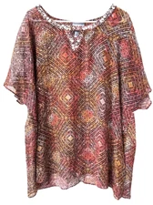 Catherines Top Women's 2XL Tunic Brown Orange Sequin Lightweight Flowing