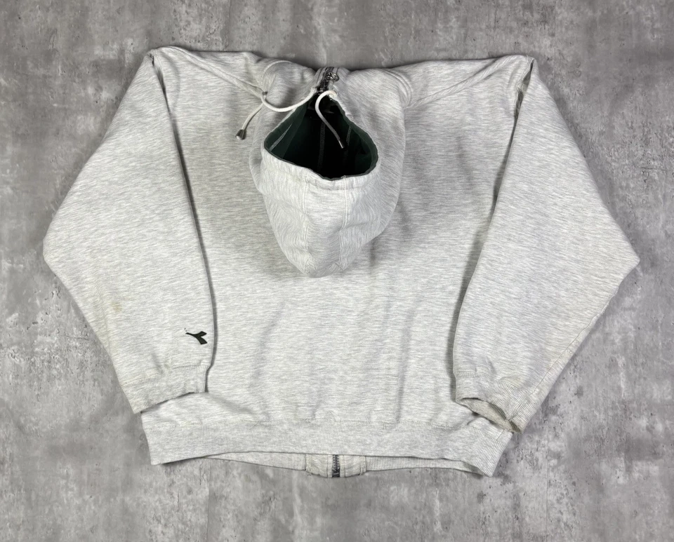 Moletom com capuz masculino vintage anos 90 Diadora zíper completo em branco tamanho XL peso pesado  - Imagem 2 de 4