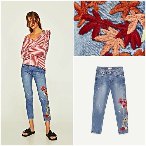 Zara Woman Nuovo con Etichetta Slim Boyfriend Mid Rise jeans blu con ricamo  UK 8 3175/241 | eBay