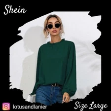 Shein Green Frill Neck Bishop Sleeve Blouse Sz L
