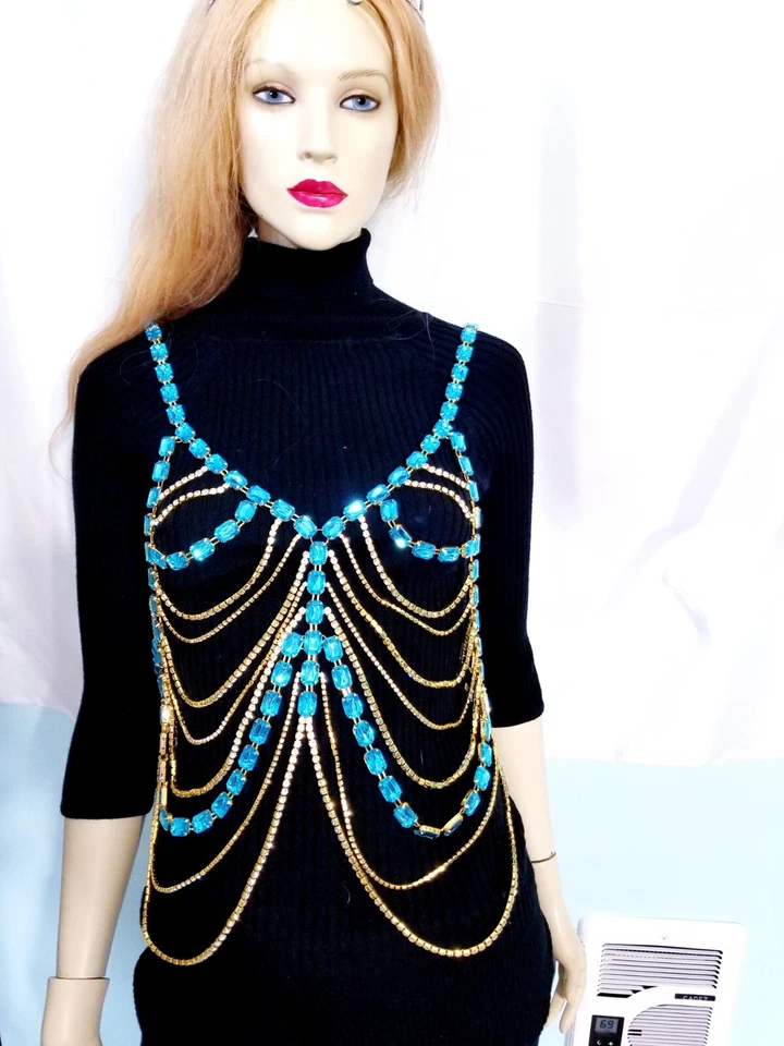 Rhinestone Body Belly Chain Crystal Bra Harness Large Blue - Image 2 of 4