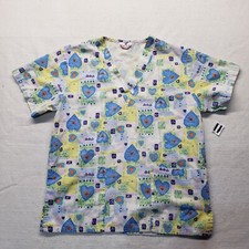 Expo Uniform Scrub Top V-Neck Colorful Hearts Medical Nurse Shirt Women M Medium