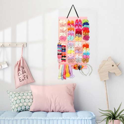 Hair Bow Holder Organizer For Girls Hair Bow Organizer Display Hanging Pink Felt - Picture 7 of 8