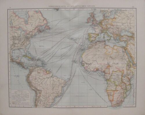 Original 1896 Andree Map ATLANTIC OCEAN STEAMSHIP ROUTES With Travel Times - Picture 1 of 15