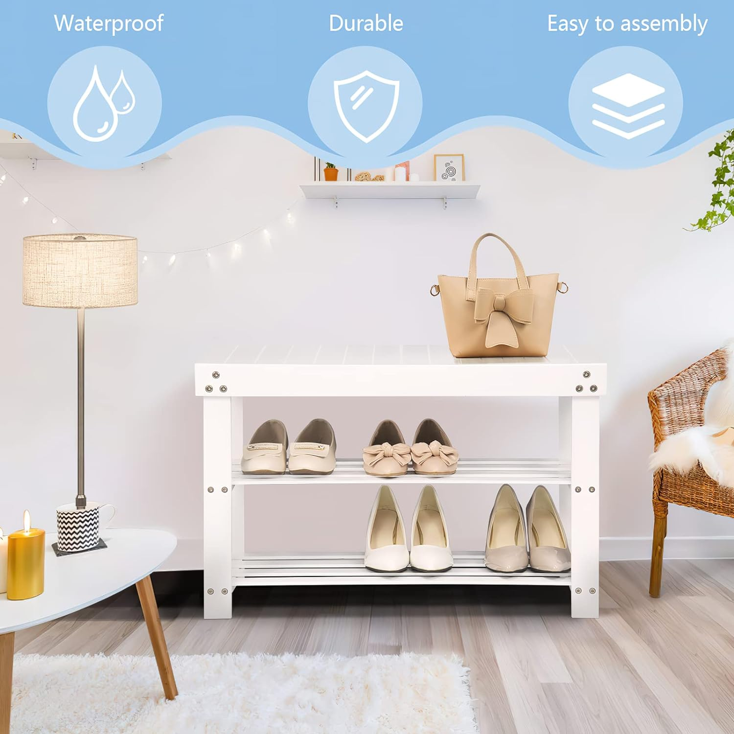 Bamboo Shoe Rack Bench, 27.5''L*11''W*11.6''H Extended Edition 3Tier