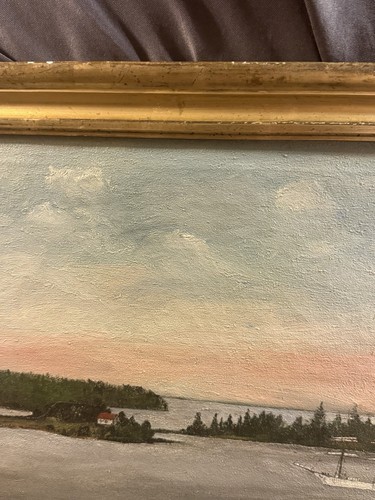Antique Folk Art Nautical Oil on Canvas Seascape Painting w/ Lemon Gold Frame - Picture 6 of 14