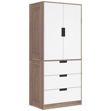 HOMCOM 2 Door Wardrobe Brown Wardrobe with 3 Drawer and Hanging Rod Brown