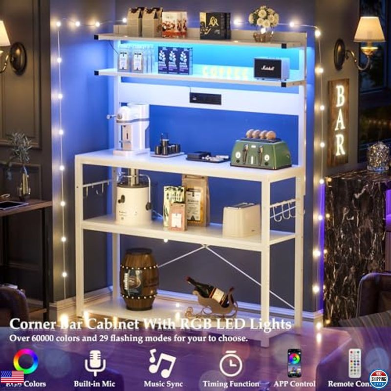 Bakers Rack with Power Outlet, 5-Tier Microwave Stand & LED Lights, White