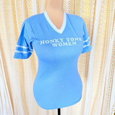 VTG 70s Stedman Honky Tonk Women Rolling Stones Ringer V-Neck Jersey Tee Sz S