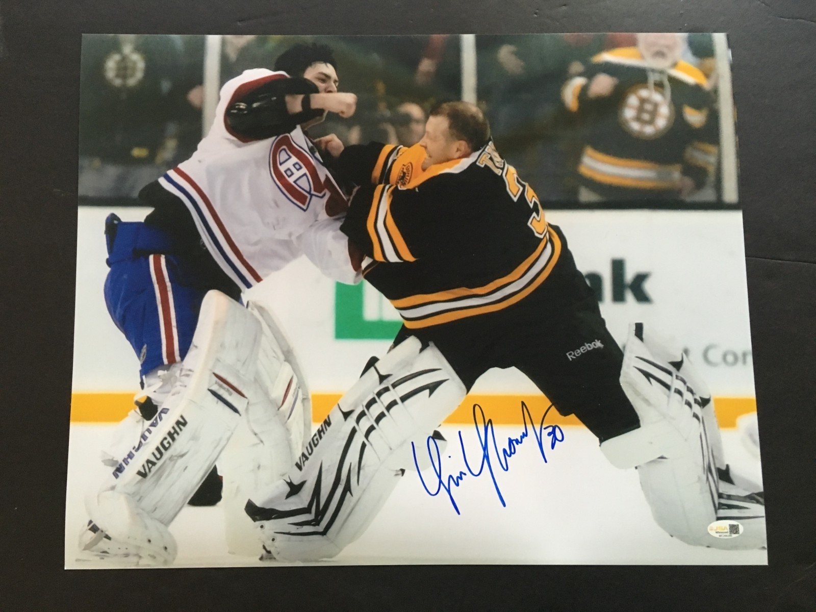 TIM THOMAS AUTO'D 16 x 20 CAREY PRICE FIGHT PHOTO JSA