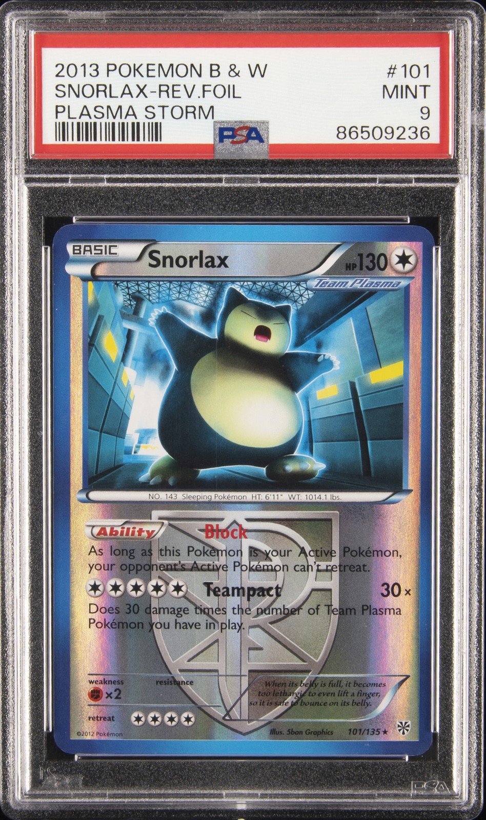 2013 POKEMON B&W PLASMA STORM #101 SNORLAX-REVERSE FOIL PSA 9