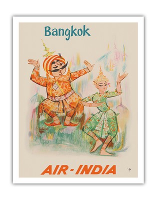 Bangkok Thailand - Maharajah with Khon Dancer - Vintage Air India Travel Poster