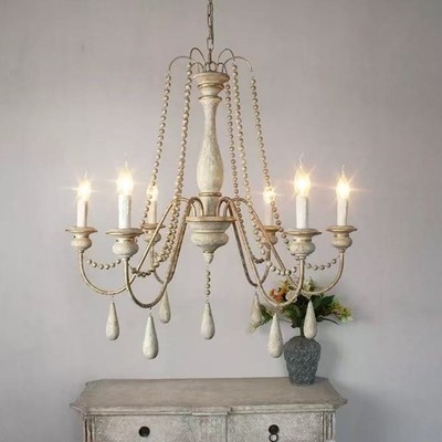 French Country Chandelier White Distressed Beaded Wood Chandelier Ceiling Light