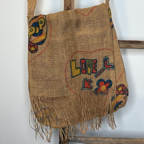 Vintage Burlap Fringe Hippie Love Pop Boho Italian Bag Purse 60s Peace Shoulder