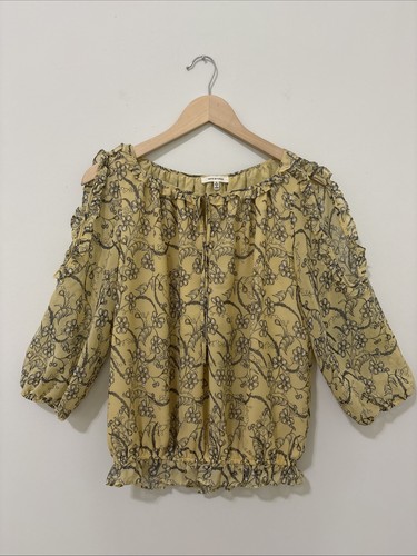 Max Studio Yellow Floral Ruffle Cold Shoulder Tie Neck 3/4 Sleeve Blouse Sz S - Picture 2 of 11