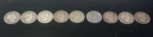 9 – Barber 50 Cent Halves; All Different Dates, Low Price — Great Lot! “NICE”!