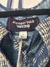 Johnny Was Blue Geometric Cotton Midi Tea Length Dress L Tassel Tie Long Sleeve