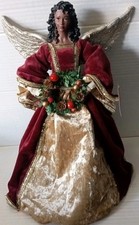 African American Angel Christmas Tree Topper with Garland Burgundy Dress NWOT