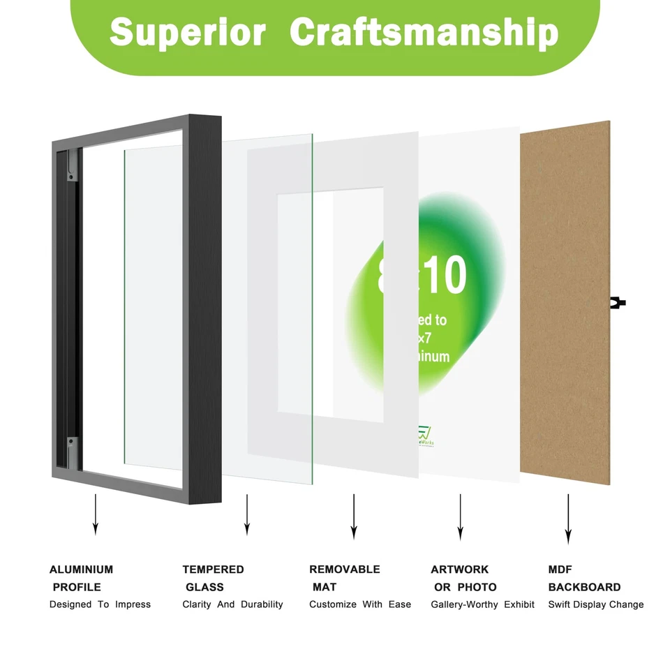 Marco de fotos 8x10 mate a 5x7 - Marco de aluminio con vidrio templado, extraíble... Foto 4 de 4