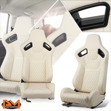2pcs Reclinable Quilted Pattern White Leather Racing Seats W Bottom Sliders 2pcs Reclinable Quilted Pattern White Leather Racing Seats W Bottom Sliders