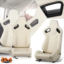 2Pcs Reclinable Quilted Pattern White Leather Racing Seats w/ Bottom Sliders