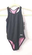 TYR Ella MaxFit Performance UPF 50 Black One Piece Swimsuit Girls Medium M 7/8