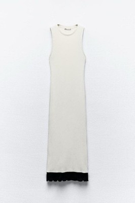 Zara White Black Knit Midi Dress Scalloped Contrast Hem Sleeveless Size S  Women | eBay